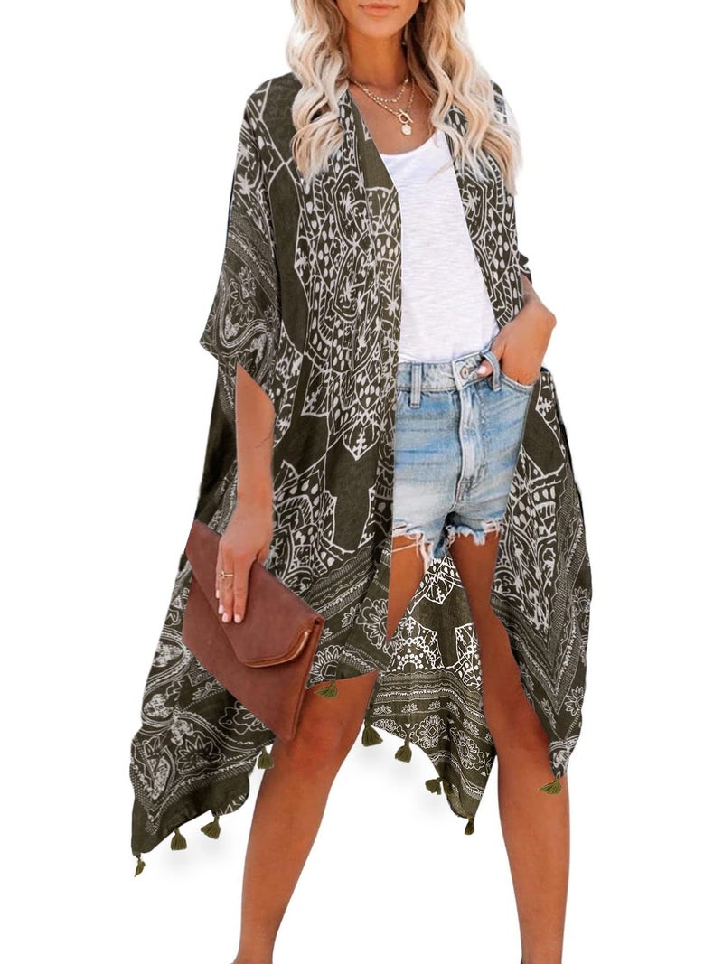 Breezy Lane Kimonos for Women Beach Coverup Summer Cardigan with Green Boho Print Tassel - Image 2